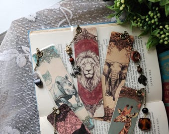 Jungle Book Bookmark | Handmade Cardstock Book Marker | Book Club Gift | Vintage Jewelry Tassel | African Safari Animal Artwork |Friend Gift