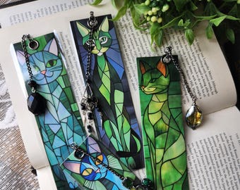 Green Cats Bookmarks | Handmade Cardstock Book Marker | Book Club Gift | Vintage Jewelry Tassel | Cat Lover Gift | Stained Glass Designs