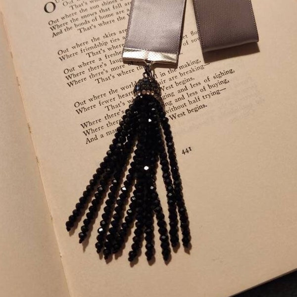 Black Diamond Bead Tassel Grey Ribbon Bookmark Jewelry Junk Journal Embellishments