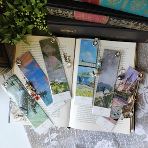 Segnalibri con opere d'arte di Monet / Segnalibro in cartoncino fatto a mano / Regalo per club del libro / Regalo per lettori / Nappa con gioielli vintage / Dipinti di Claude Monet