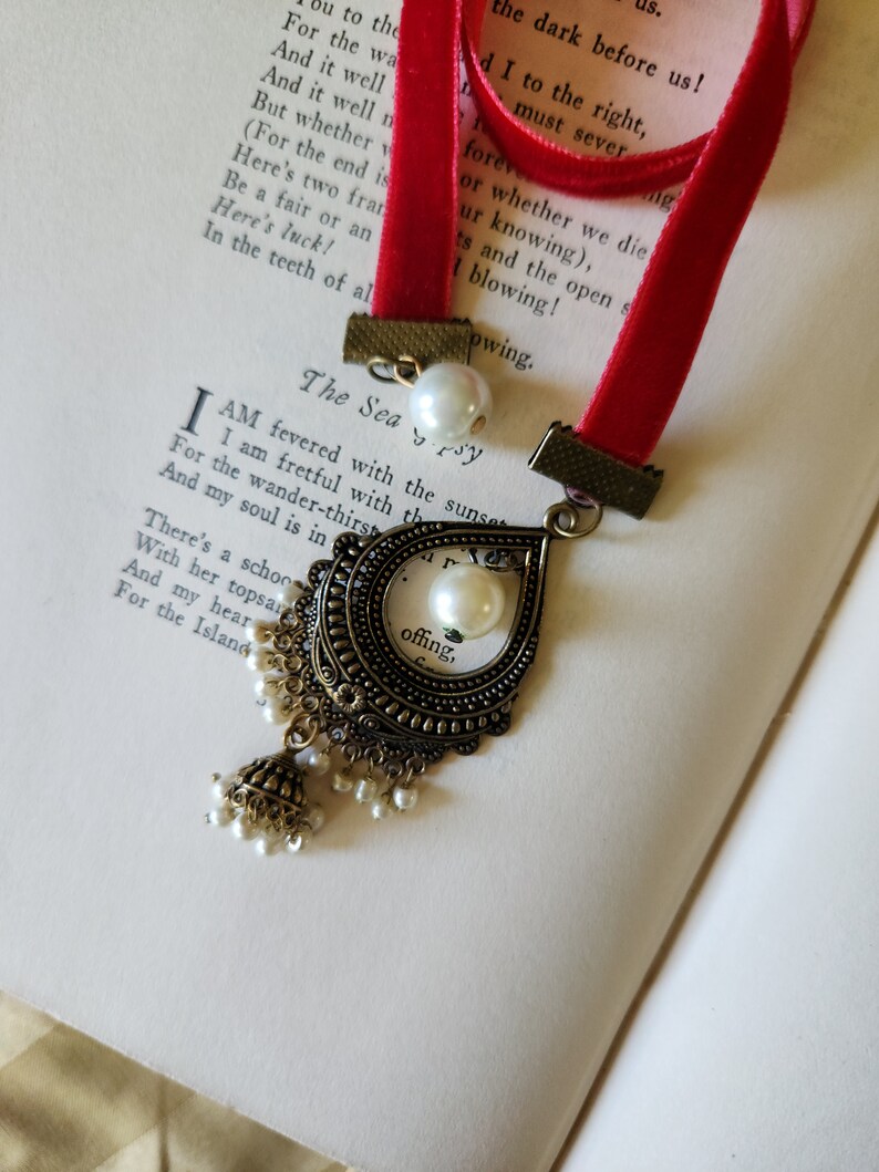 Tibetan Pearl Bookmark, Red Velvet Ribbon, Handmade, Pearl Charms