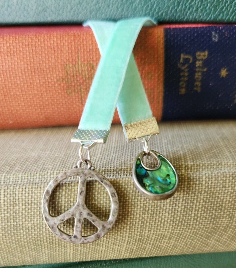 Peace Sign Bookmark, Handmade, Hippie Style Charm, Teal Velvet Ribbon