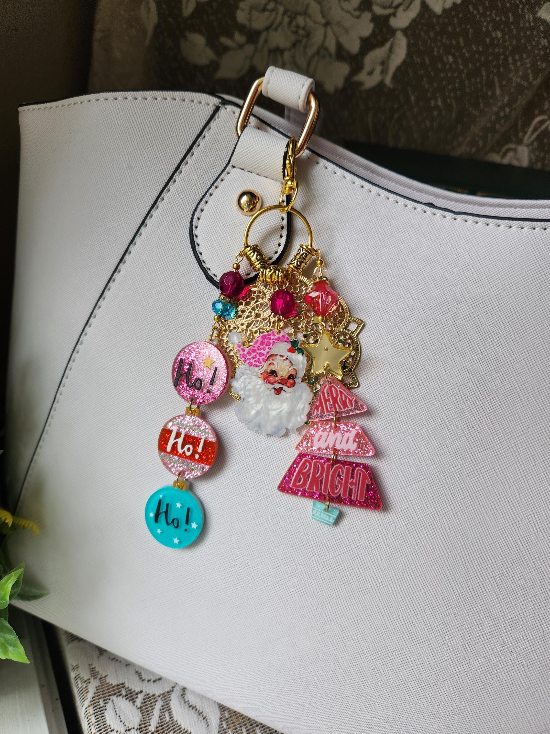 Pink Santa Claus Bag Charm | Purse Bling | Christmas Handbag Clip
