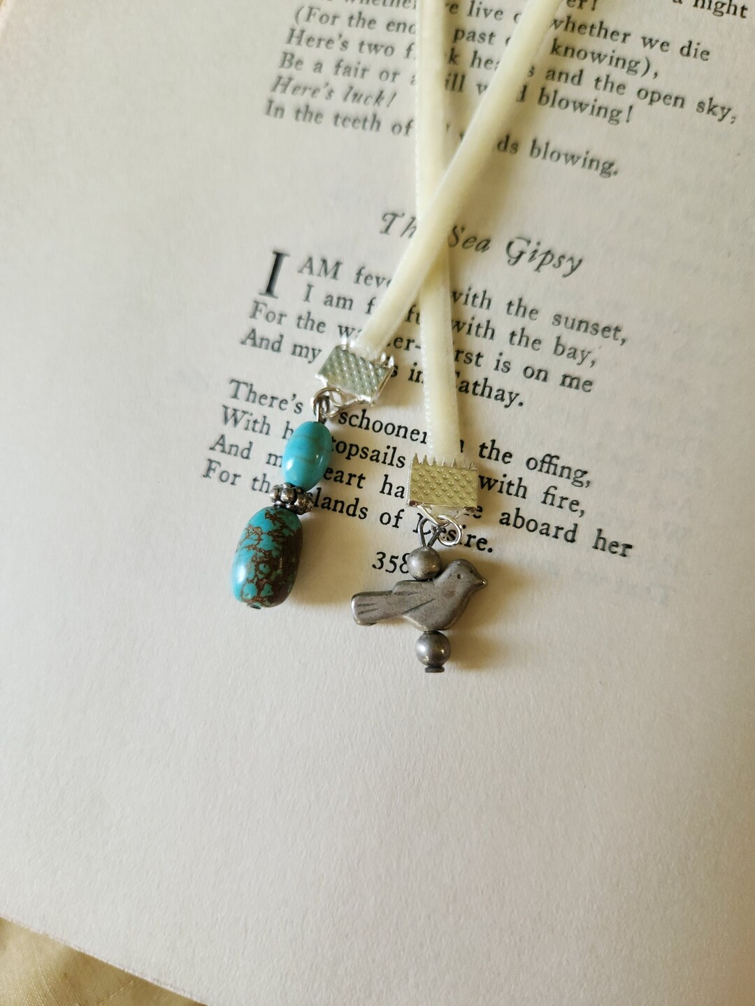 Silver Bird Turquoise Stones Charms Ivory Velvet Ribbon Bookmark Junk