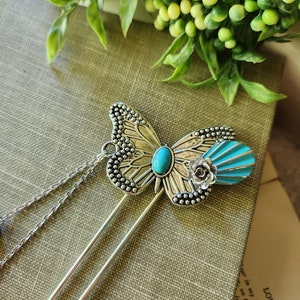 Bijoux de cheveux papillon vintage faits à la main épingles à cheveux accessoires de cheveux cadeau pour elle, strass turquoise et argent image 2