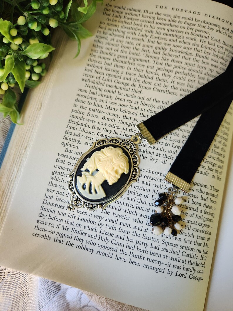 Skeleton Cameo Bookmark, Black Velvet Ribbon, Victorian Gothic Theme