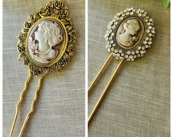 Handmade Victorian Cameo Hair Pins Rhinestone Hair Stick Hair Jewelry Repurposed Jewelry Hair Accessories Gift for Her