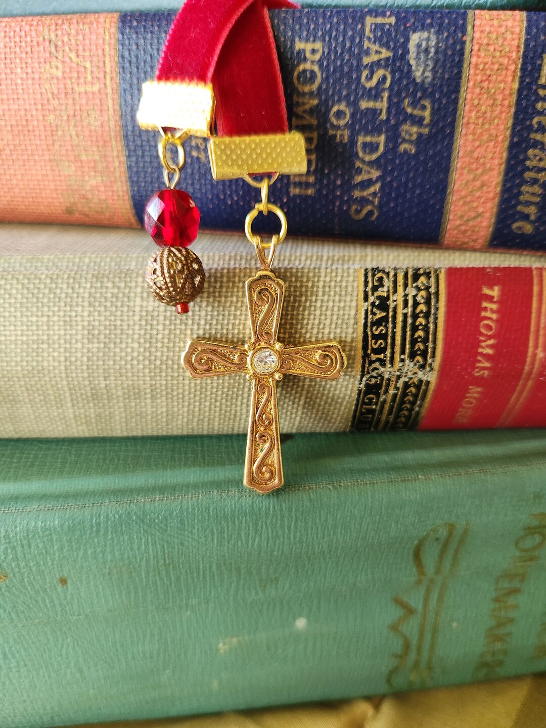 Gold-plated Cross Bookmark Bible Marker Red Velvet Ribbon Red - Etsy