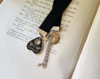 Segnalibro gotico Ouija Planchette: nastro di velluto nero, gioielli vintage