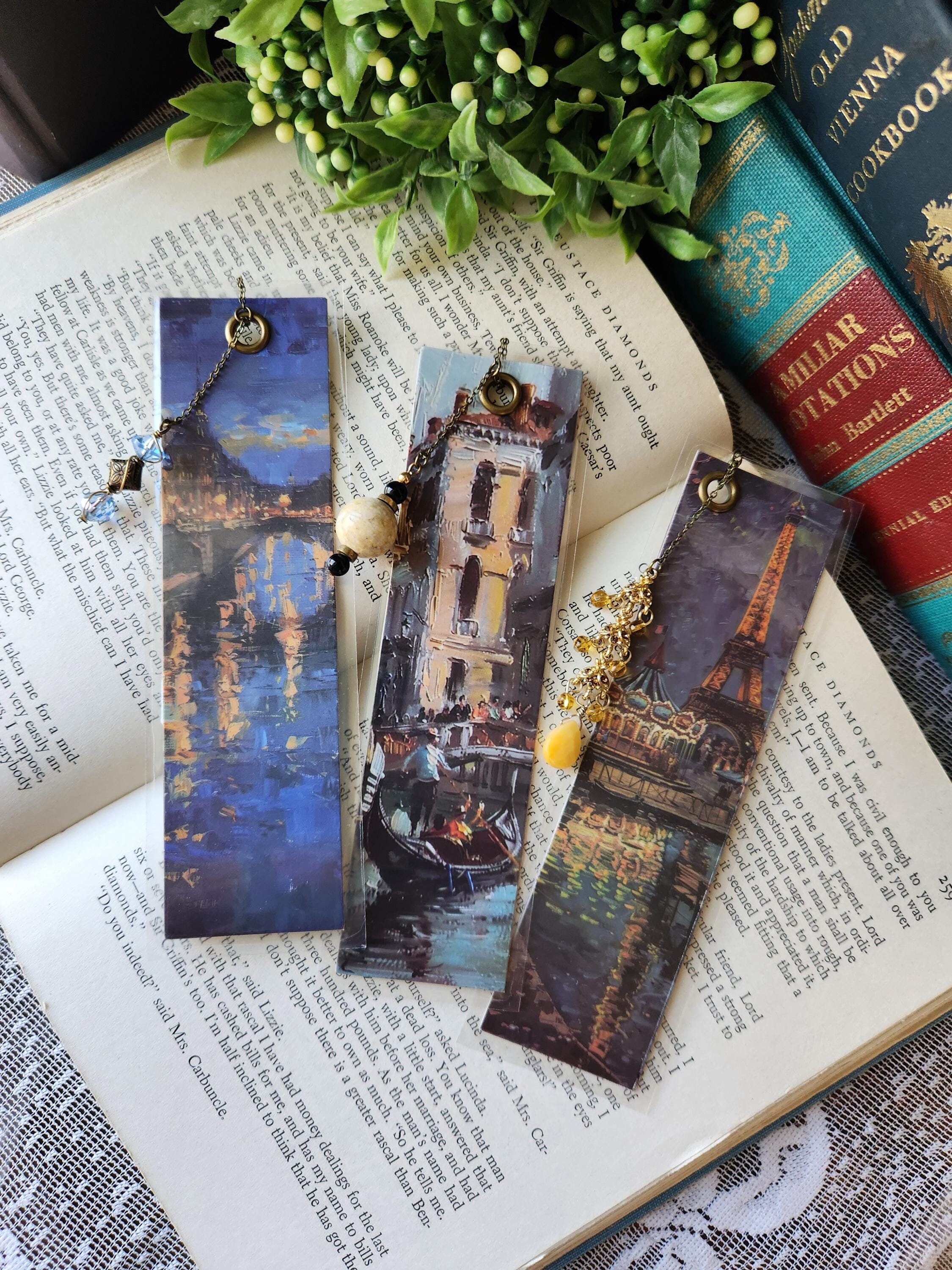 European Places Bookmark | Handmade Cardstock Book Marker | Book Club Gift | Reader Gift | Vintage Jewelry Tassel | Party Favor | Van Gogh