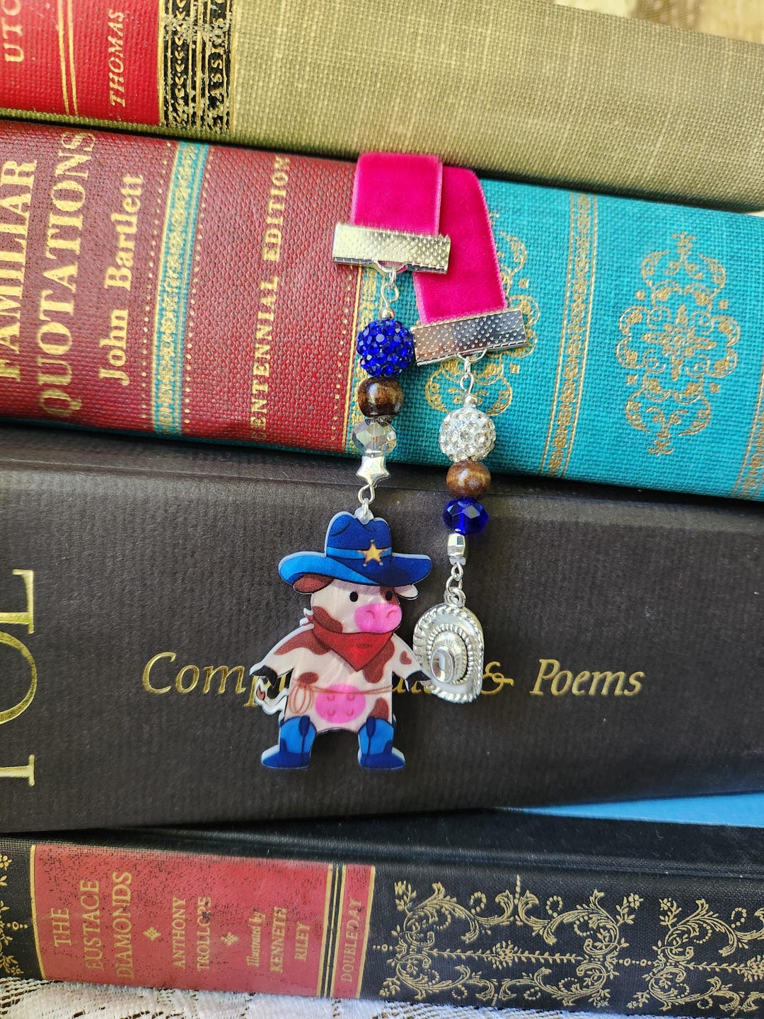 Handcrafted Cowboy Cow Bookmark | Pink Velvet Ribbon, Novelty Book ...