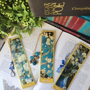 White Flower Paper Bookmarks | Handmade Cardstock Book Marker | Book Club Gift | Vintage Jeweled Tassel | Monet Style | Van Gogh Theme