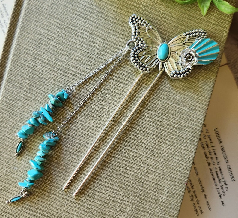 Bijoux de cheveux papillon vintage faits à la main épingles à cheveux accessoires de cheveux cadeau pour elle, strass turquoise et argent Turquoise Butterfly