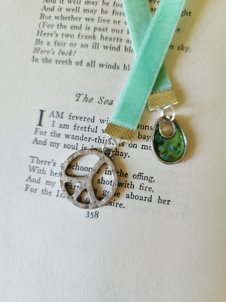 Peace Sign Bookmark, Handmade, Hippie Style Charm, Teal Velvet Ribbon