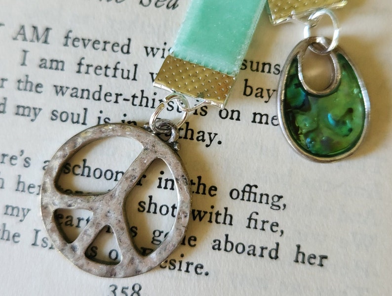 Peace Sign Bookmark, Handmade, Hippie Style Charm, Teal Velvet Ribbon