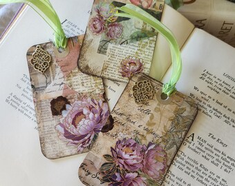 Étiquettes cadeaux pour journal indésirable pivoines faites main, bijoux vintage rehaussés d'éphémères, design floral victorien, papier Scrapbooking