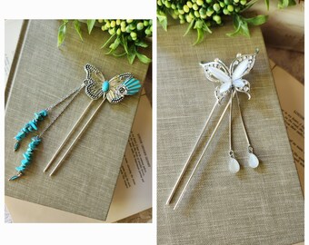 Vintage Schmetterling Haarschmuck handgemachte Haar Stick Pin Haar Accessoires Geschenk für sie Türkis Strass und Silber