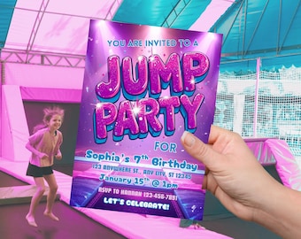 May include: A purple and blue invitation for a jump party. The invitation reads "JUMP PARTY" in large, sparkly letters. The invitation is for Sophia's 7th birthday, with the date, time, and RSVP information included. A young girl is jumping in the background.
