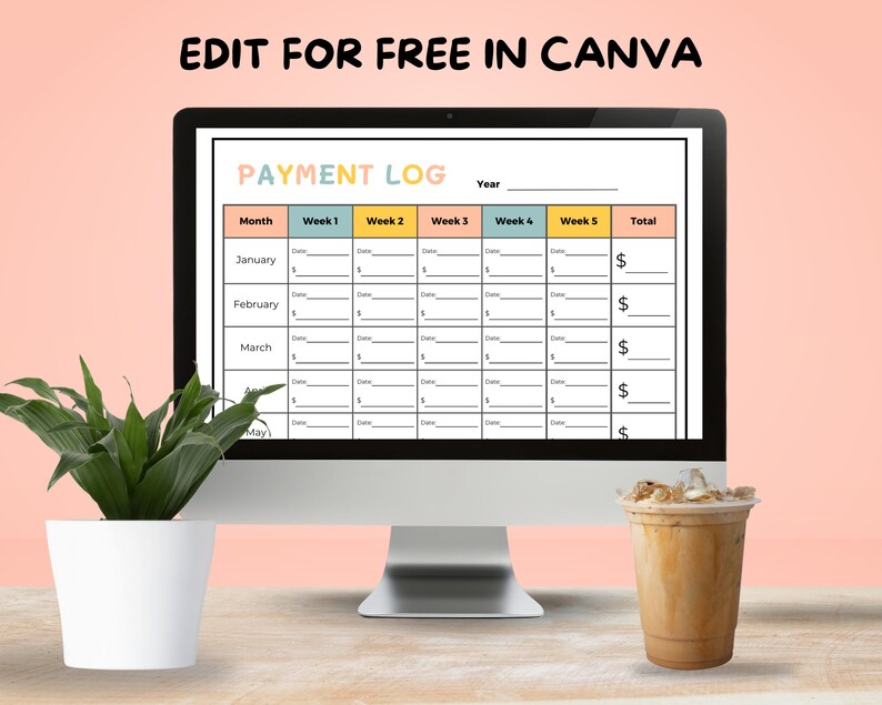 May include: A computer screen displaying a printable payment log template with the title "PAYMENT LOG". The template is designed to track income by month, week, and total. The months listed are January, February, March, April, and May. The template is displayed on a desk with a cup of iced coffee.