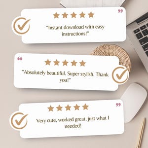 May include: A top-down view of a workspace with customer reviews. Three white speech bubbles with text and gold star ratings are visible. A laptop, mouse, pen, and woven coaster are also in the image.