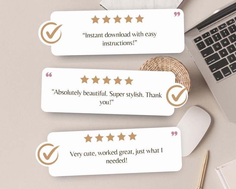 May include: A top-down view of a workspace with customer reviews. Three white speech bubbles with text and gold star ratings are visible. A laptop, mouse, pen, and woven coaster are also in the image.