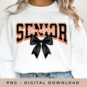 Coquette Senior Class of 2025 PNG, High School Senior Shirt Design, 2025 Graduate, Orange & Black Bow PNG, 2025 College Graduate Varsity PNG