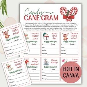 Könnte beinhalten: Druckbare Candy Cane Gram-Karten mit festlichen Weihnachtsmotiven und ausfüllbaren Feldern für "An", "Von", "Lehrer", "Klasse" und "Nachricht". Der Text "Candy Cane Gram" befindet sich oben auf der Seite, und der Text "In Canva bearbeiten" befindet sich in einem roten Kreis unten rechts.