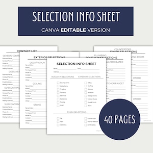 Editable Home Construction Selections Info Sheet, Home Project Planner, Construction Binder