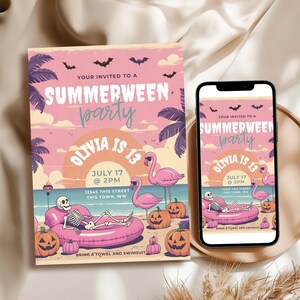 May include: A pink and orange Summerween party invitation with palm trees, bats, and pumpkins. The invitation includes the text "Summerween party", "Olivia is 13", and the date and time of the party. A smartphone displays the same invitation.