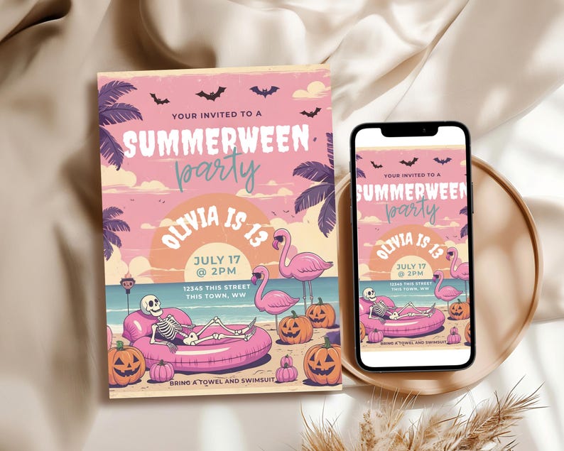 May include: A pink and orange Summerween party invitation with palm trees, bats, and pumpkins. The invitation includes the text "Summerween party", "Olivia is 13", and the date and time of the party. A smartphone displays the same invitation.
