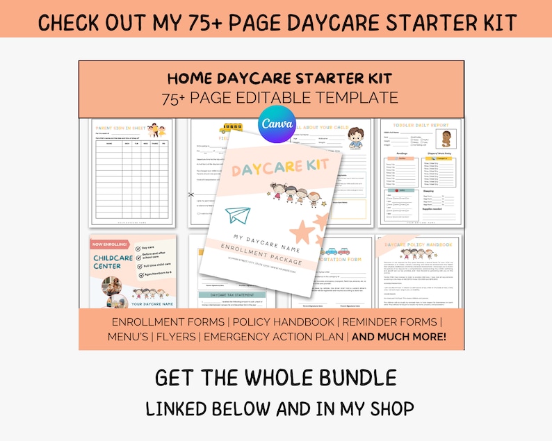 May include: A digital download for a daycare starter kit with 75+ pages of editable templates. The image shows a colorful design with the text "DAYCARE KIT" and illustrations of children. The kit includes enrollment forms, a policy handbook, reminder forms, menus, flyers, and an emergency action plan.