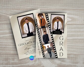 Modern Film Strip Senior Boy Graduation Announcement, Class of 2026 Invitation (Editable Canva Template)