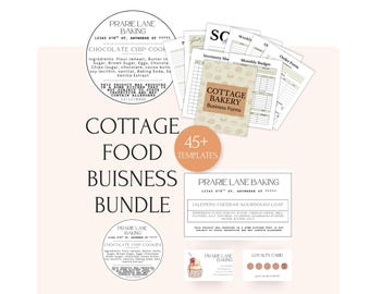 May include: A bundle of cottage food business templates, including forms, labels, and cards. The design features a neutral color palette with text such as "Cottage Bakery Business Forms" and "Prairie Lane Baking".