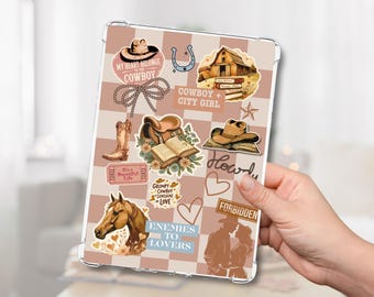Collage de pegatinas de romance prohibido con vaqueros del oeste para lectores de funda transparente Kindle y Kobo: inserto de funda para Kindle con una vaquera leyendo