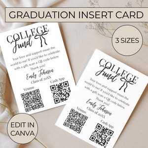Insteekkaart afstuderen, QR-codekaart College Fund, tip de sjabloon voor afgestudeerden, bewerkbaar register afstuderencadeau, invoegen afstuderen
