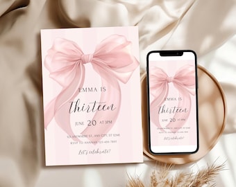 13th Birthday Invitation Girl, Pink Coquette Invite For 13th Birthday Girl, Teen Birthday Party Invitation for Thirteenth, Pink Bow Invite