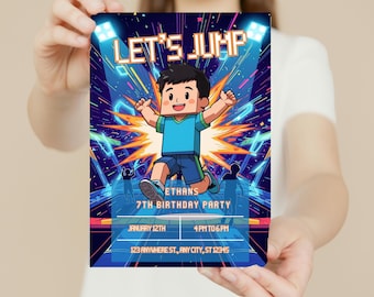 男の子向けジャンプ誕生日招待状、楽しいトランポリンパークパーティー、編集可能なジャンプお祝いテンプレート