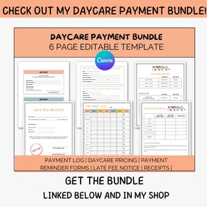 May include: A printable daycare payment bundle with six pages. The bundle includes forms for late fees, notices, receipts, and a payment log. The forms are editable and feature a colorful design with cartoon children.