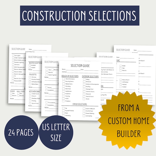 Detailed Home Construction Selections Printable, Home Project Planner, Construction Binder