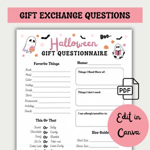 May include: A printable Halloween gift exchange questionnaire with a ghost and bat illustration. The questionnaire asks for favorite things, things needed more of, things not needed, allergies, and size preferences.
