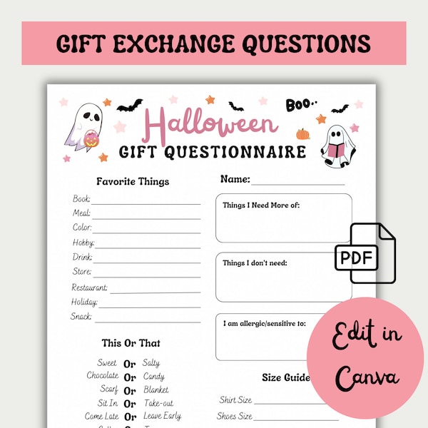 Bewerkbare Halloween Gift Exchange-vragenlijst, afdrukbaar formulier waarin u bent uitgejouwd, lijst met favoriete dingen