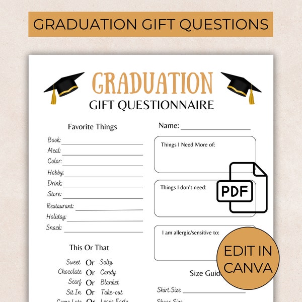 Editable Graduation Gift Questionnaire, Printable All About Me form, Favorite Things List, Graduation Party Gift Questionnaire