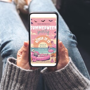 May include: A smartphone displays a pink and peach party invitation. The invitation reads "Summerween Party" with bats, a skeleton on a float, pumpkins, and a flamingo. The text includes "Olivia is 13" and the date July 17.
