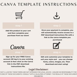 May include: A beige Canva template instructions sheet with black text and icons. The steps include adding a product to your cart, receiving a PDF download, signing up for a Canva account, and customizing the template. A legal disclaimer is at the bottom.