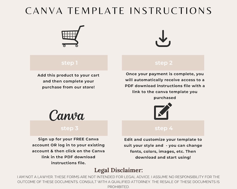 May include: A beige Canva template instructions sheet with black text and icons. The steps include adding a product to your cart, receiving a PDF download, signing up for a Canva account, and customizing the template. A legal disclaimer is at the bottom.