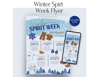 Winter Spirit Week Template, Holiday Spirit Week Flyer, School Holiday Planner, PTO, PTA Spirit Week Dress up, Canva Template