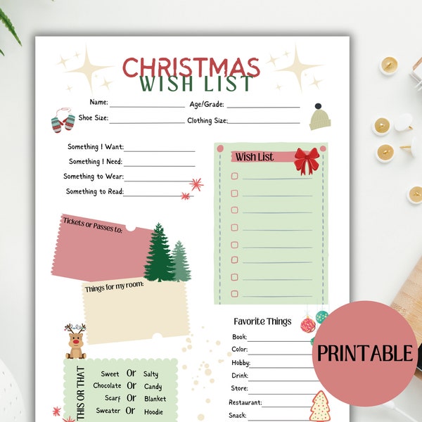 Christmas Wish List Printable, Gift Exchange Questionnaire, All About Me, and Favorite things list