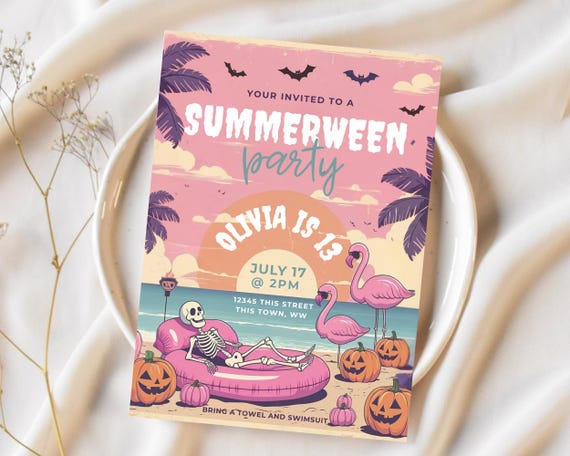 13th Birthday Summerween Invitation, Teen Birthday Party Invitation for Thirteenth,  Halloween Pool Bash Kids Costume Swim Invite Spooky Fun