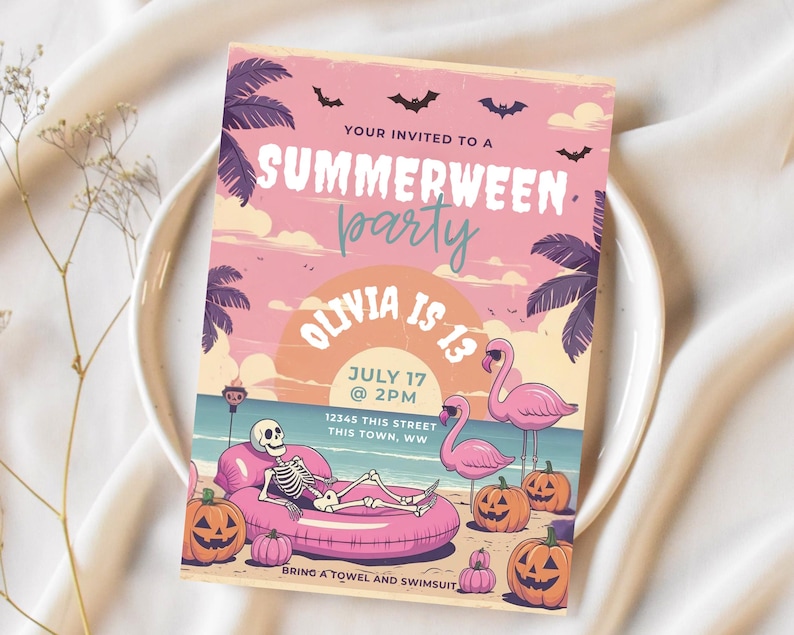 May include: A pink Summerween party invitation with a beach scene, palm trees, bats, and flamingos. The invitation includes the text "Summerween party", "Olivia is 13", and event details. Pumpkins and a skeleton on an inflatable raft are also featured.