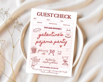 Galentines Guest Check Invitation, Pajama Party Letter Invite, Girls Night Guest Check, Valentine's Day Brunch Party, Digital Invitation